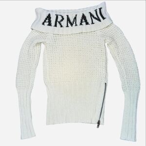 Armani Exchange White Knit Off The Shoulder Sweater Black Logo Writing Small